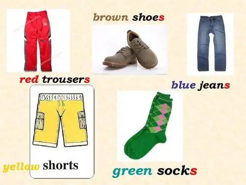 小学英语教学课件 brown shoes red trousers blue jeans yellow