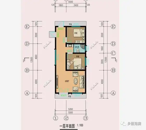 5x13米农村小开间自建房设计图,湛蓝色简单造型的坡屋顶,简约,大方,更