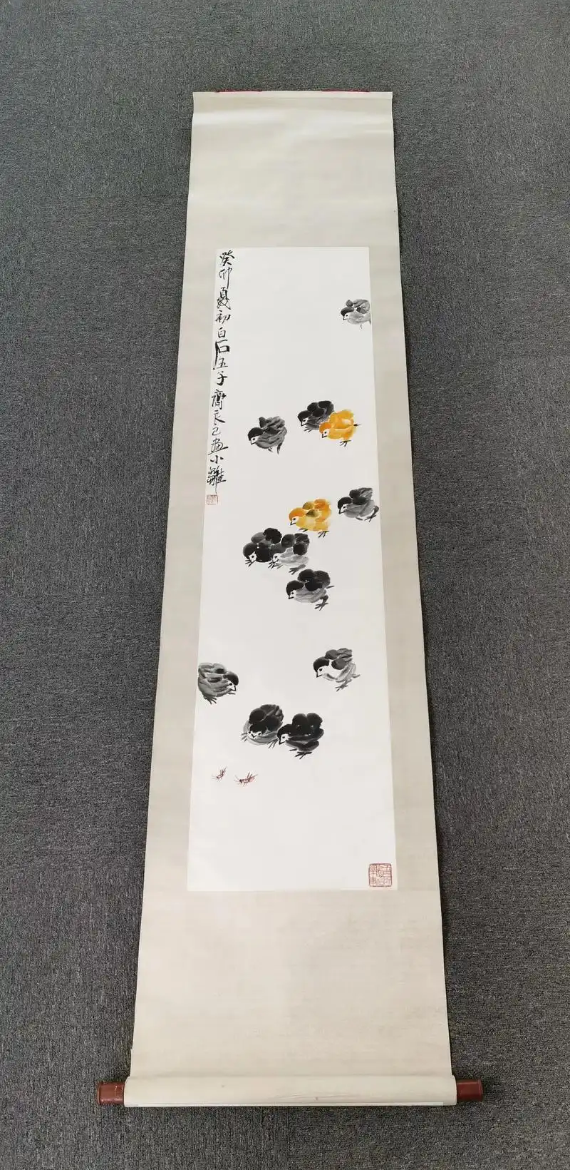 图文来了#白石五子齐良已群鸡图,尺寸138×34原裱立轴 - 抖音