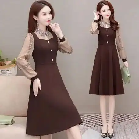 连衣裙女装2024春季新款显瘦中长款高端长袖气质收腰拼接打底裙