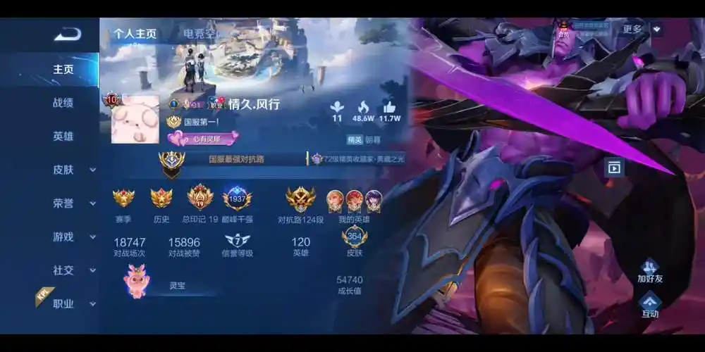 王者荣耀全网对抗路英雄池最深选手主页一栏