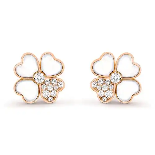 vca梵克雅宝18k金玫瑰金白珍珠母贝镶钻石四叶草小号耳钉vcaro5bx00