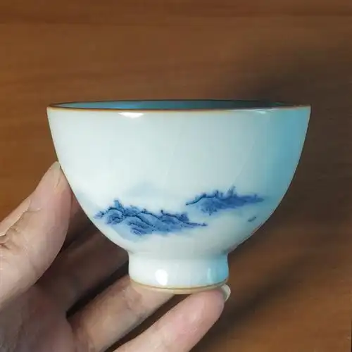 神宗 正品李善明茶具善窑善款汝窑杯全手工主人杯开片手绘山水杯