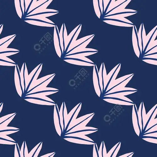树叶在蓝色背景上的无缝图案当代热带棕榈叶涂鸦矢量图时尚创意设计