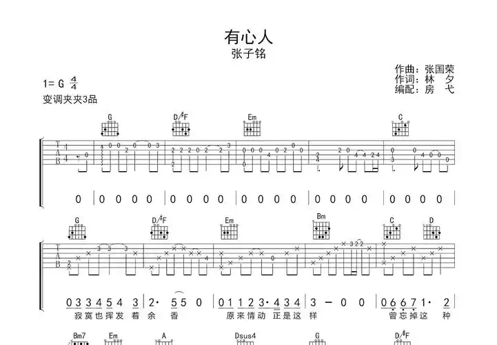 有心人吉他谱_张子铭_g调弹唱100%翻唱版 - 吉他世界