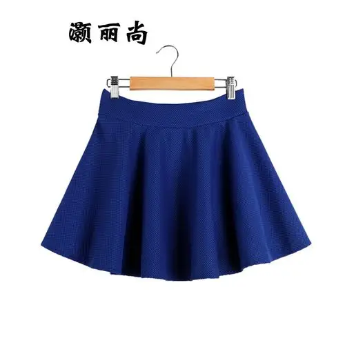 灏丽尚 2014秋装款韩版特殊小格纹纯色迷你短裙百褶半身裙 蓝色 均码
