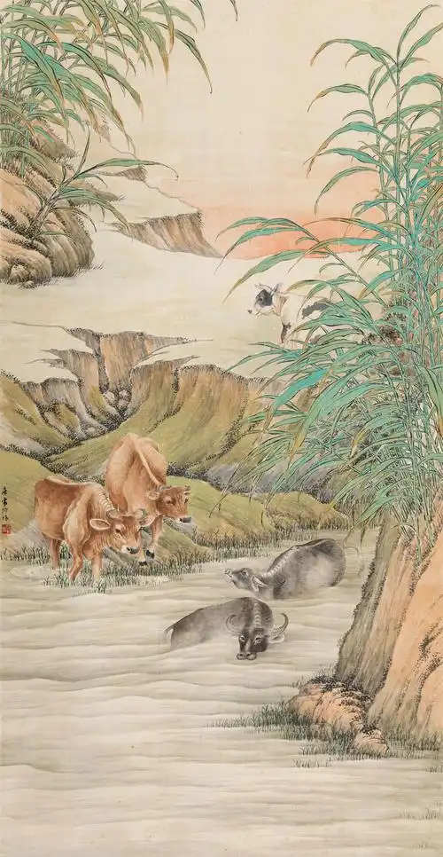 房毅 五牛图 立轴 设色绢本