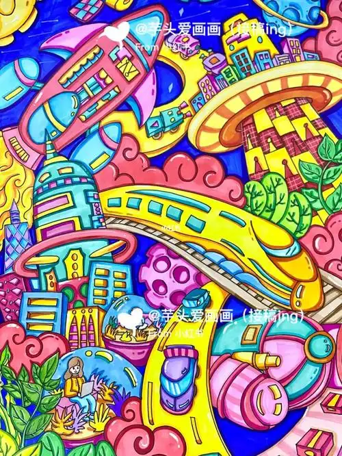 科幻画科技之城主题画未来世界主题画