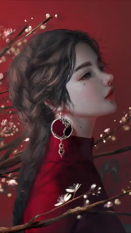 梅花 女孩 长辫子 唯美 厚涂 4k高清手机壁纸2160x3840