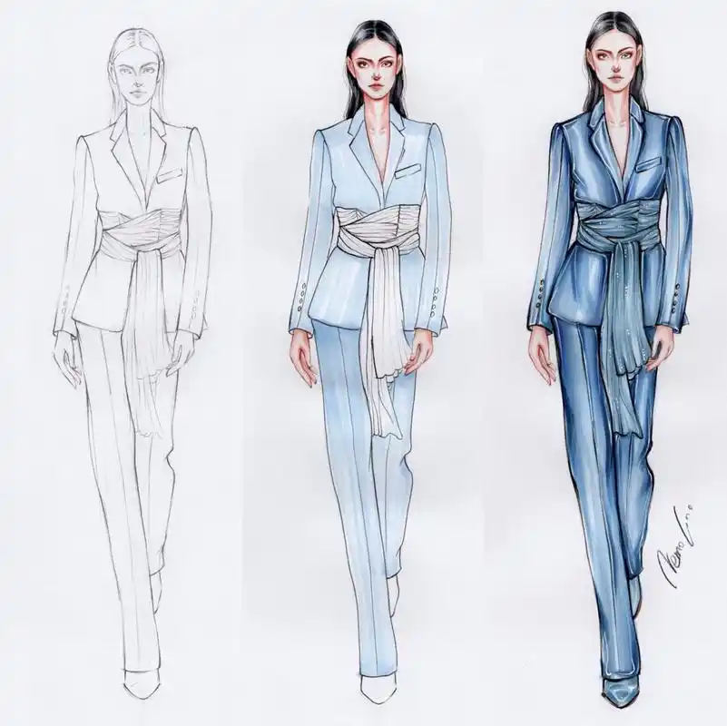 手绘服装效果图马克笔合集 9张啦开学到现在半个月画的 算是自己的第