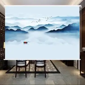 意境山水画客厅办公室卷帘遮光书房卧室隔热手拉升降隔断背景窗帘