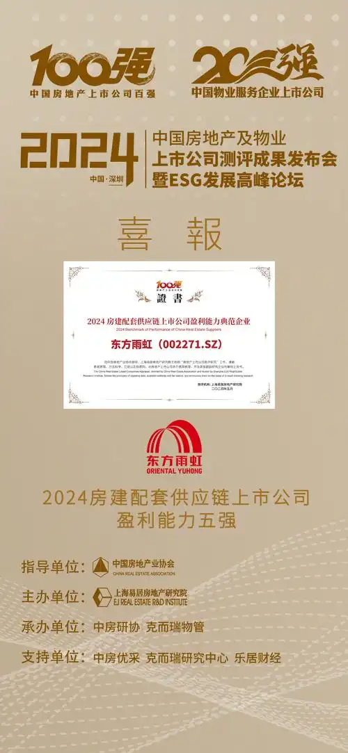 东方雨虹荣膺"2024房地产配套供应链上市公司盈利能力典范企业"