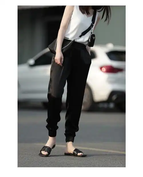 女夏季薄款冰丝束脚裤雪纺宽松缎面小脚裤跨裤休闲哈伦裤黑色s90以内