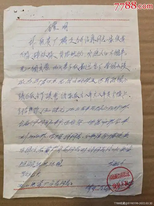 株洲市郊区漂沙井人民公社倚塘大队手写证明一张