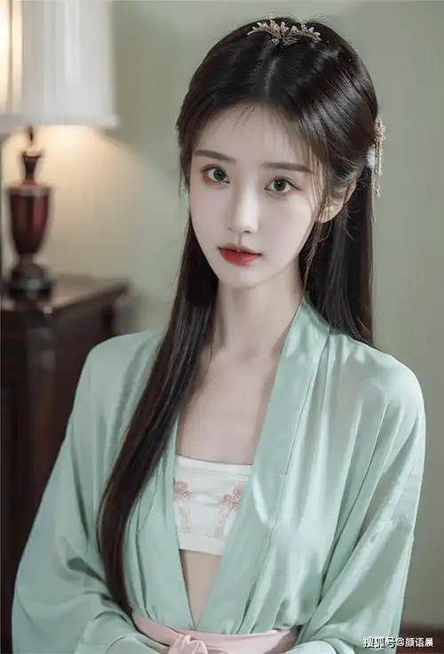 美女壁纸:肤若凝脂的古风美人,浅绿色宋装的妩媚_身材_小姐_图片