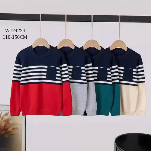 外贸童装2024新款儿童毛衣秋冬男童条纹针织衫中童圆领棉线毛衣潮