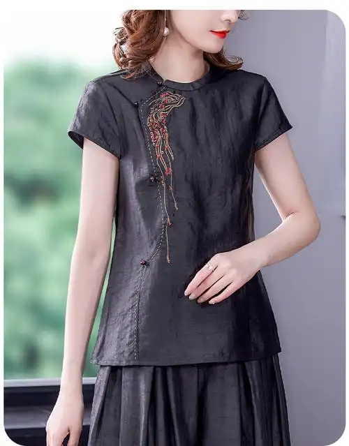 特价捡漏恒源祥彩羊香云纱小上衣女夏季薄款真丝衬衫高端刺绣复古衬衣