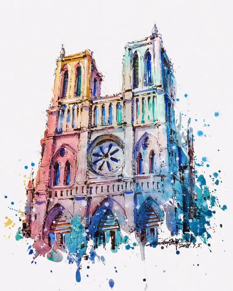 超简单的巴黎圣母院装饰钢笔淡彩步骤来拉