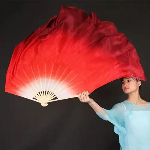 新舞蹈扇子跳舞扇真丝大双面酒红渐变色加长古典舞万疆舞胶州秧歌