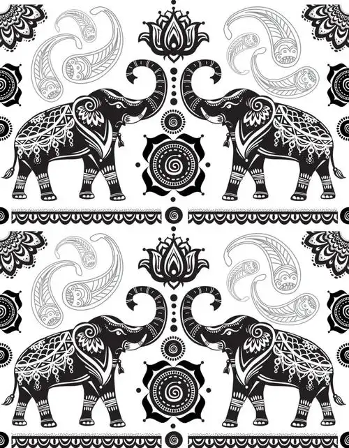 黑白花纹象纹样团矢量素材