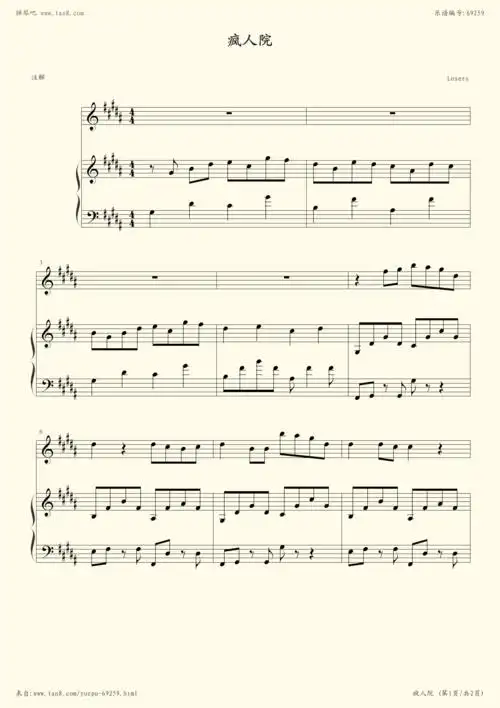 钢琴谱:疯人院(弹唱)