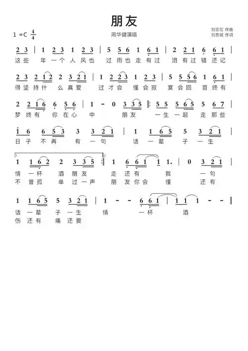 朋友周华健版智能简谱周华健演唱