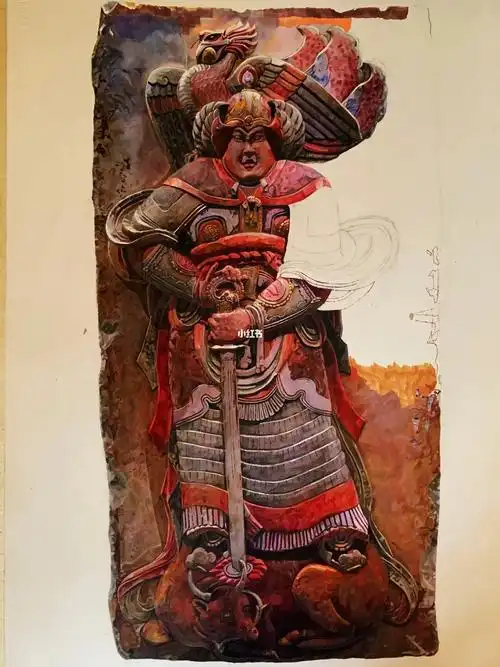 王处直墓浮雕武士石刻彩铅手绘19