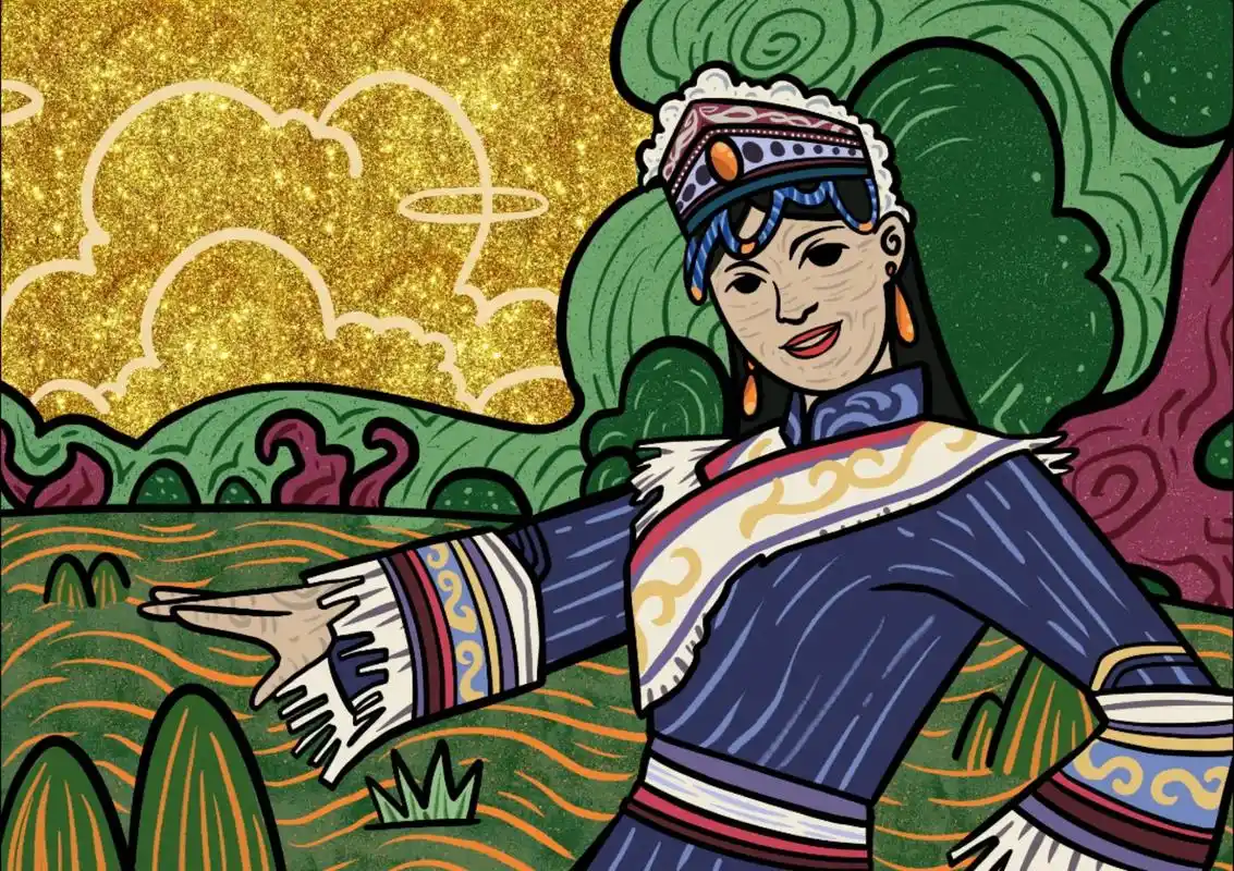 三幅插画绘制黑龙江特色少数民族赫哲族的生活情景,结合金箔元素 - 抖
