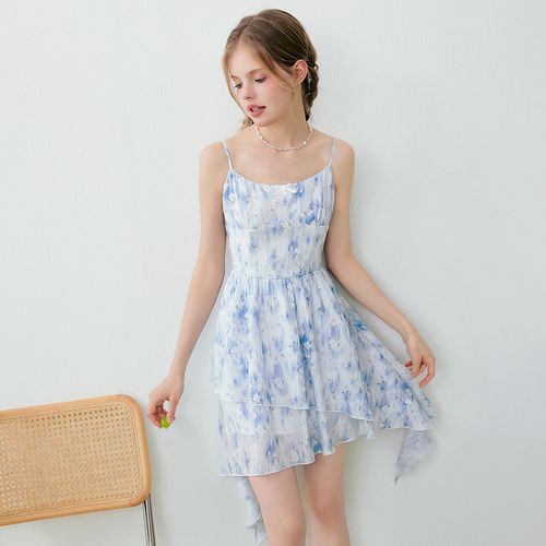 乐町晕染碎花吊带裙24年夏季新款不规则下摆浪漫纯欲风甜辣连衣裙