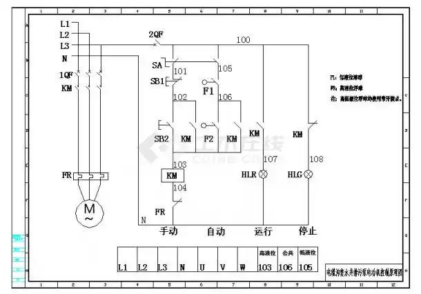 排污泵浮球控制二次接线图cad图纸