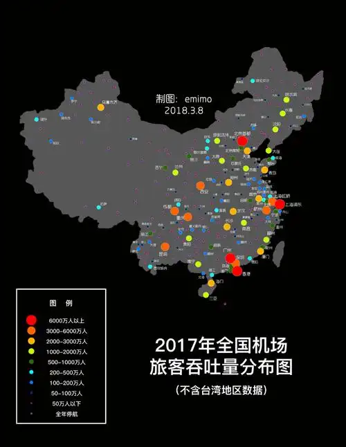 2017年全国机场旅客吞吐量分布图