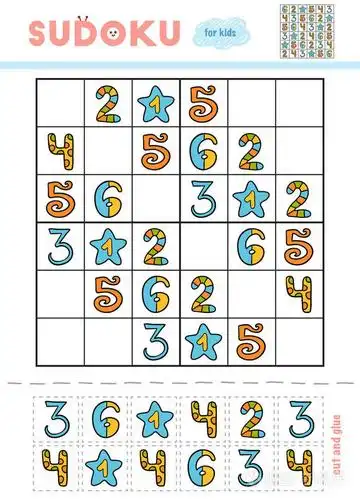 数独儿童教育游戏一套卡通数字用剪刀和胶水填充缺失的元素