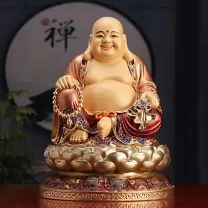 台湾纯铜彩绘弥勒佛摆件大肚弥勒佛佛像供奉家用店铺招财笑佛摆件