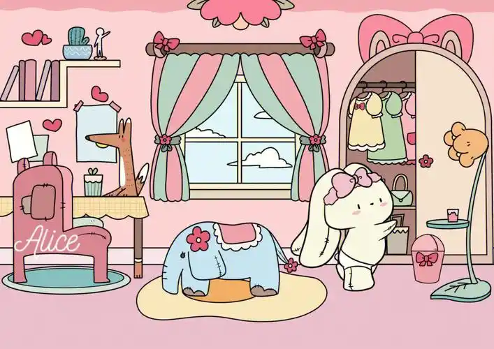 小房子卧室儿童画简笔画原创小兔子可爱插画