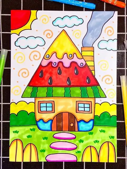 西瓜房子简单创意儿童画少儿美术教程