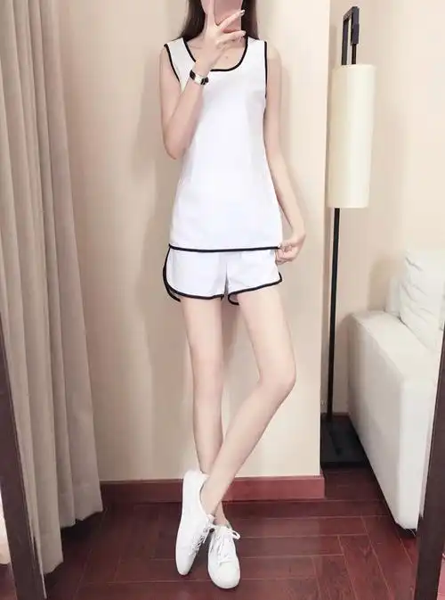 春夏精选运动服套装女学生宽松大码背心短裤跑步两件套睡衣外穿白色