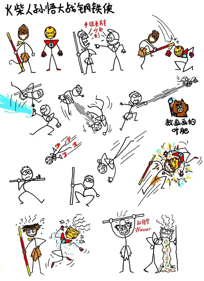火柴人孙悟空大战钢铁侠创意儿童画简笔画.