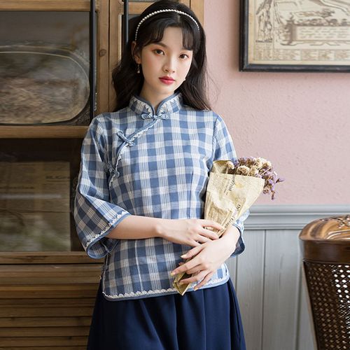 民国风复古学生唐装改良格子旗袍上衣话剧演出服中国风茶艺服套装