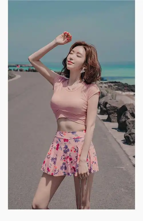 温泉泳装_韩版女游泳衣平角裙式高腰显瘦仙女范小胸温泉 - 阿里巴巴