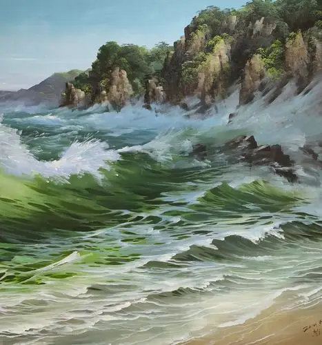 朝鲜油画海金刚的波浪金哲浩朝鲜功勋艺术家380160厘米2014年创作