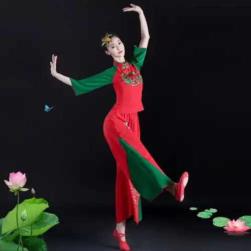 2023新款现代广场舞蹈扇子舞打鼓服中老年女妈妈团秧歌舞演出服装