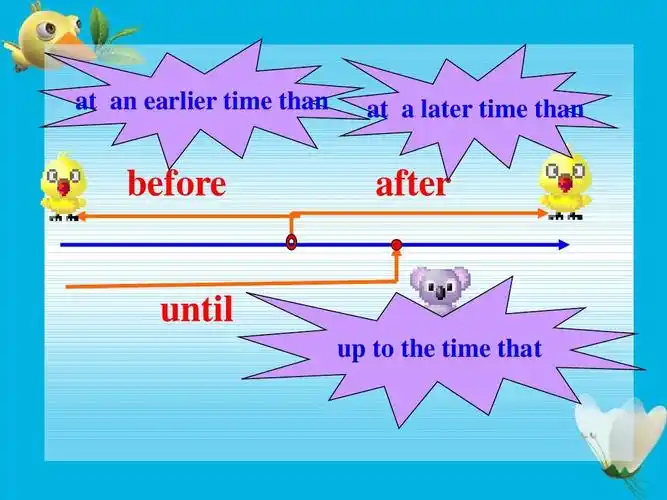 at an earlier time than at   later time than before after until