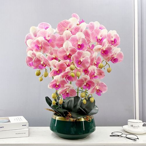 仿真花蝴蝶兰套装手感假花盆栽客厅餐桌摆放绢花中式陶瓷花卉摆件