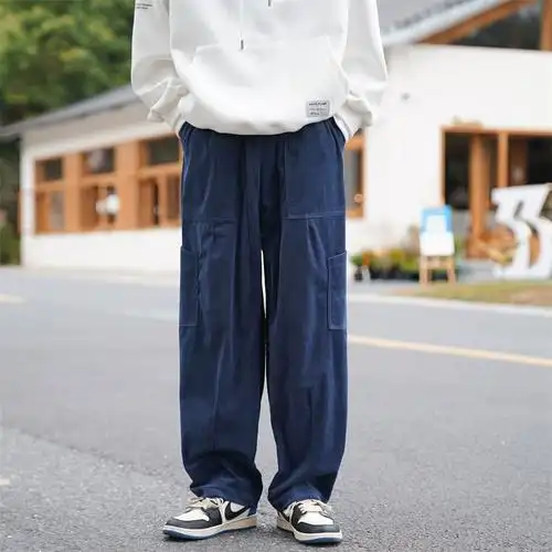 裤子夏季男士日系纯色宽松阔腿裤ins潮牌工装直筒港风复古休闲裤