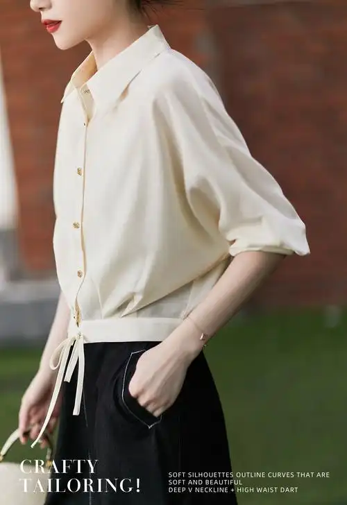 笈致藏肉 早春氧气小衫 清爽垂顺人棉下摆打结系带长袖衬衫女春 - 17