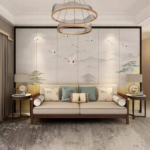沙发背景墙硬包中式山水装饰现代沙发软包定制护墙板轻奢简约