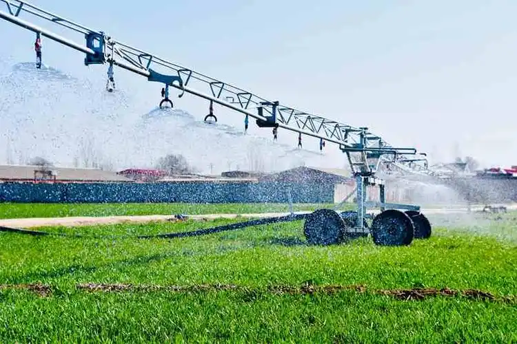 宁晋县"垄上行"土地托管协会购置的喷灌机已投入使用,正在喷洒水雾