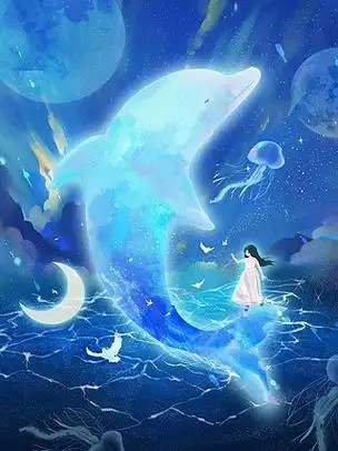 治愈蓝色海洋海豚鲸鱼唯美梦幻星球女孩插画