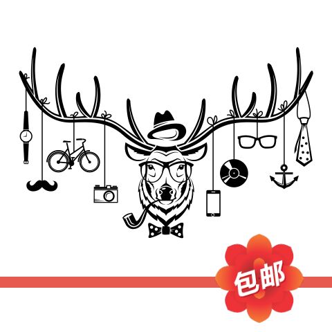 公鹿头鹿角个性欧式图案背景装饰墙贴画玻璃门橱窗镂空自粘墙贴纸