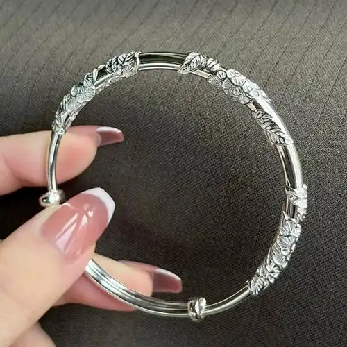 繁花似锦s999银手镯女纯银实心足银推拉银镯子送女友妈妈生日礼物
